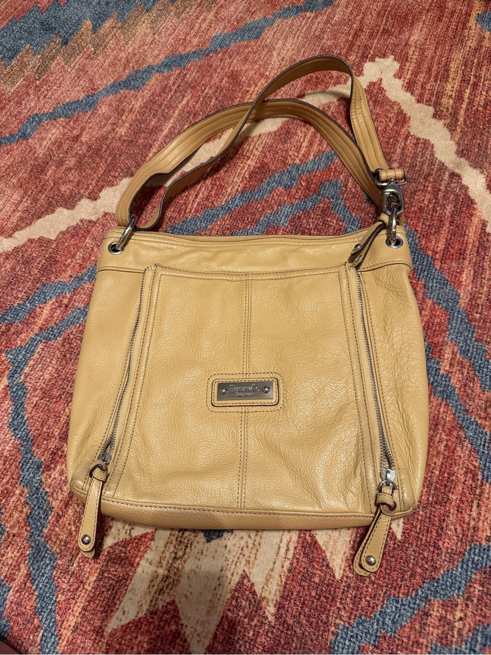 Tignanello Tan Leather Shoulder Bag with Dual Zips